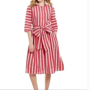 Daniel Cremieux Red White Striped Cotton Midi Shirt Dress Size 6 Front Waist Bow